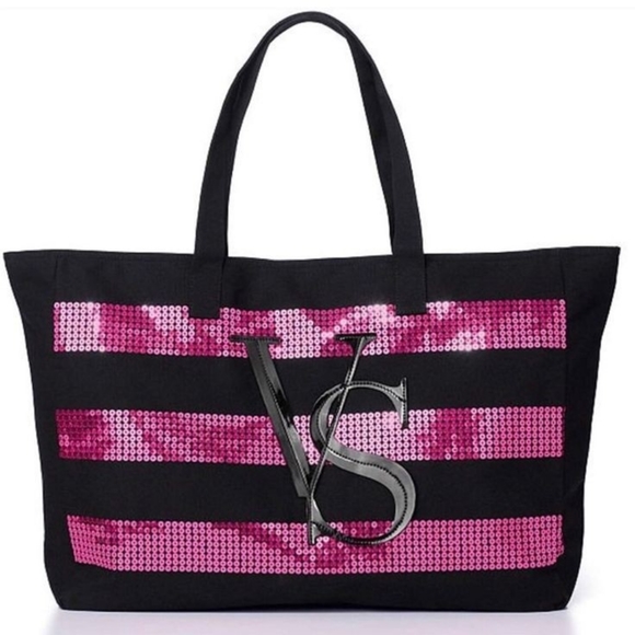 GUC Victoria's Secret Black & Pink Canvas Tote Bag - Picture 12 of 12